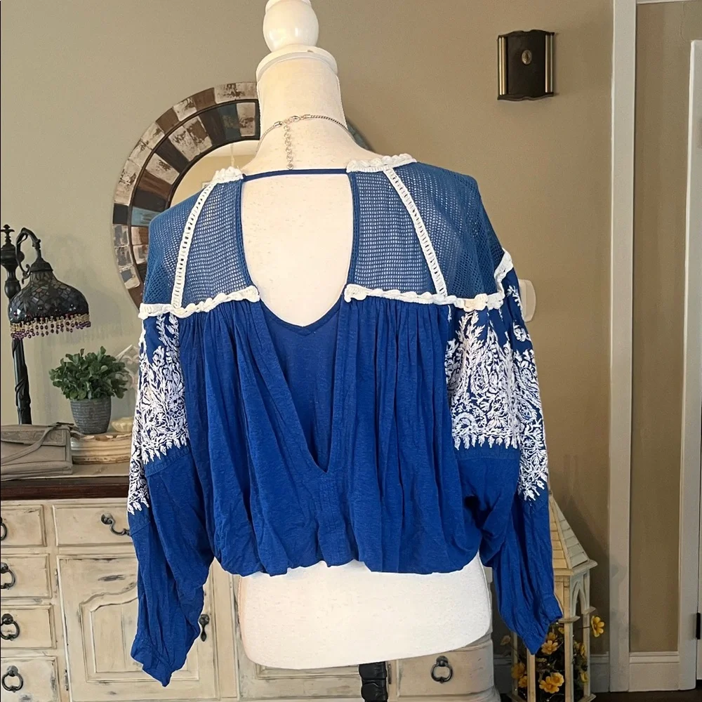 Free People Royal Blue Blouse with White Embroidery - Picture 2 of 6
